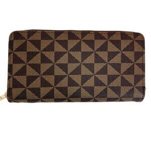Brown geometric print credit card & ID holder, New faux lacquered canvas wallet